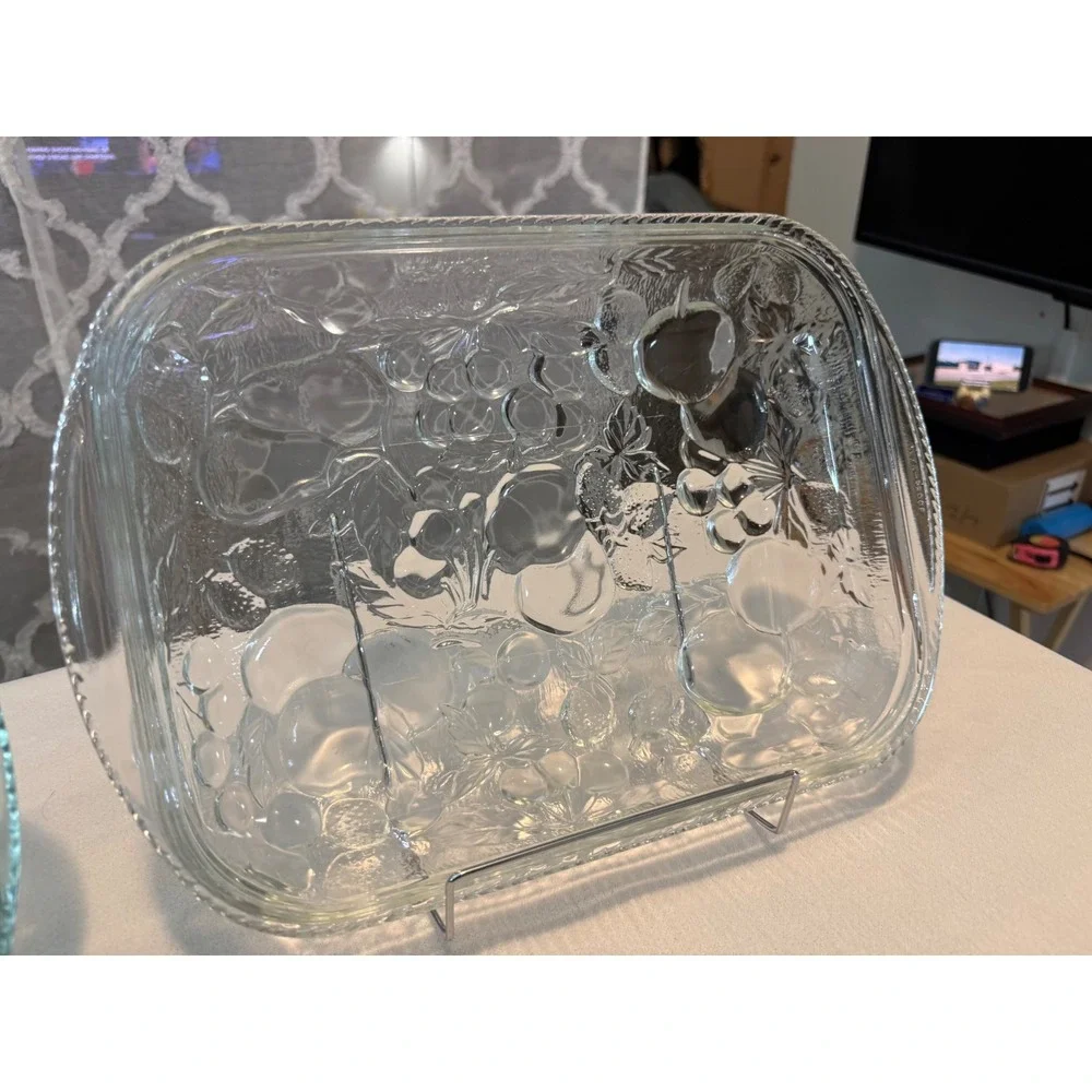 Vintage Libbey Orchard Fruit Baking Dish Set Clear Green Glass Oven Proof 2pc